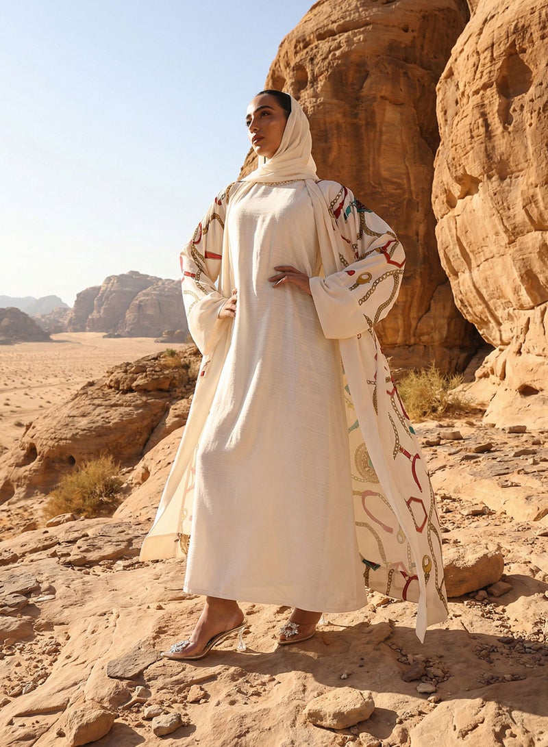 ISHIN Off White  Abstract print layered Abaya with Hijab - Image 2